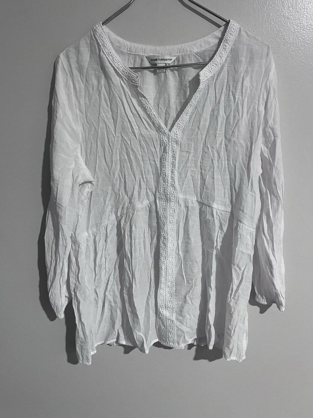 Counterparts Blouse Womens L White Tunic V-Neck Crochet Lightweight Boho Rayon